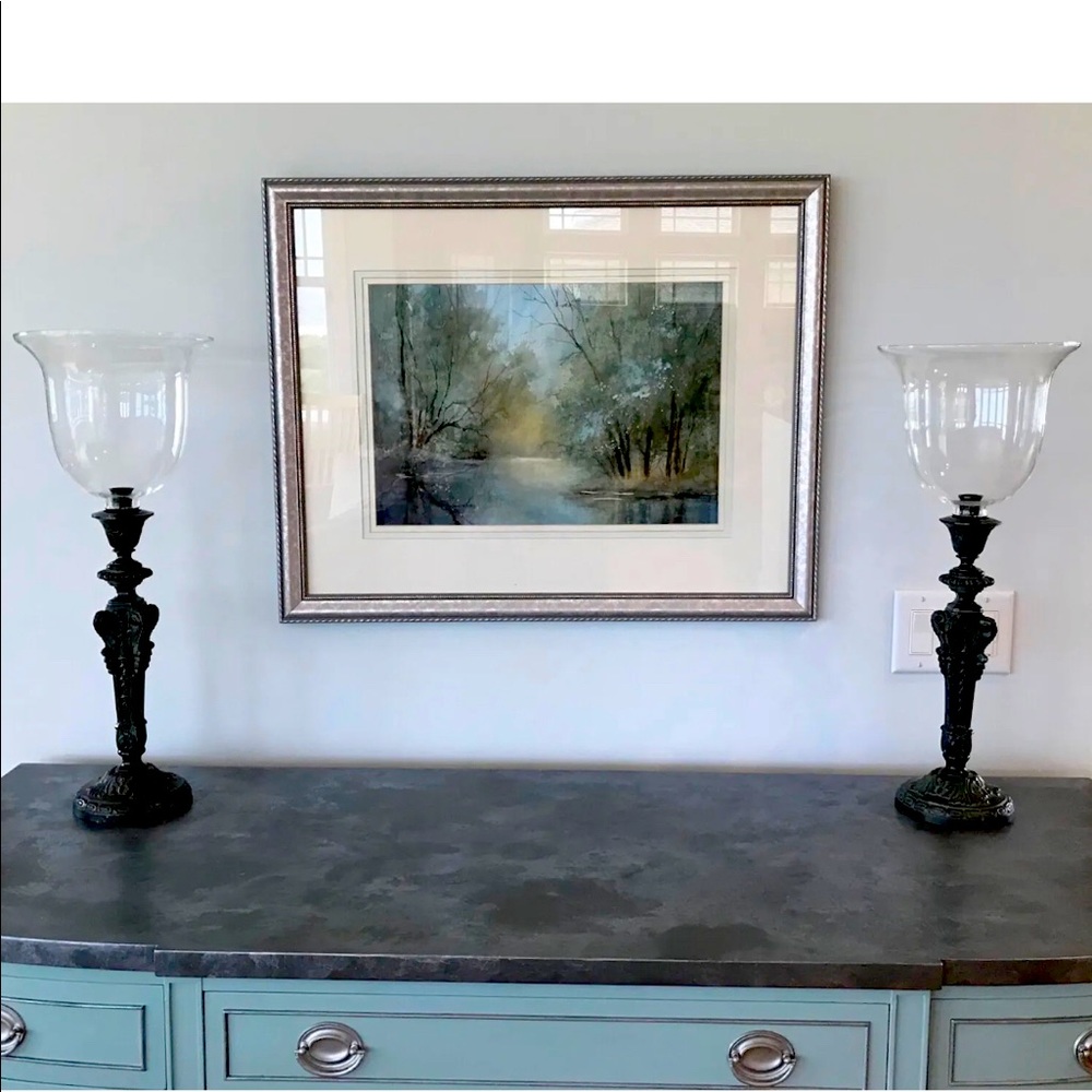 Black & Verdigris Metal Candlesticks use with or without Clear Glass Globes NEW
